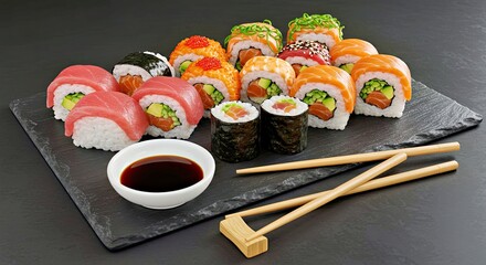 Gourmet Sushi Platter with Soy Sauce and Chopsticks Ready