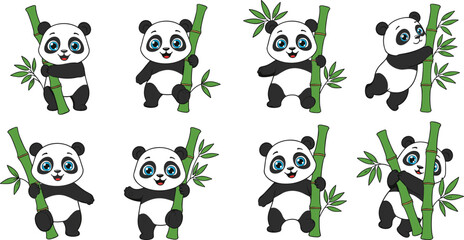 Set of cute baby panda cartoon characters holding bamboo sticks, fun wildlife animal vector art for kids and learning use © Khadija Creatives