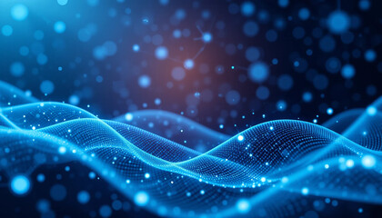 Abstract Blue Glowing Particle Wave on Dark Background with Bokeh