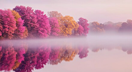 Tranquil Lake Reflections of Trees in Hazy Pastel Light