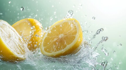 Fresh lemon slices with water splash suspended in mid-air on light green gradient background, refreshing citrus concept for beverages, summer drinks, and healthy lifestyle themes
