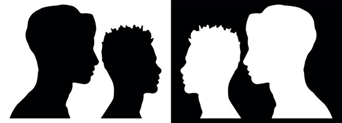 Silhouette Profiles of Two Individuals Facing Each Other in Contrasting Light and Dark Backgrounds. Set of vector illustration.