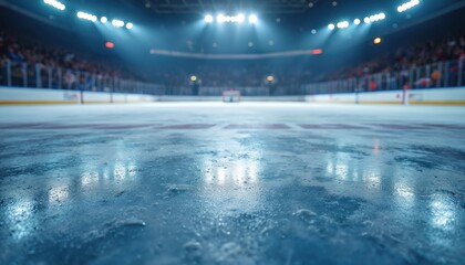 Low angle shot of empty ice hockey rink with dramatic spotlighting on glossy ice. Blurred stadium seating filled with spectators, bright overhead lights create exciting atmosphere for competitive