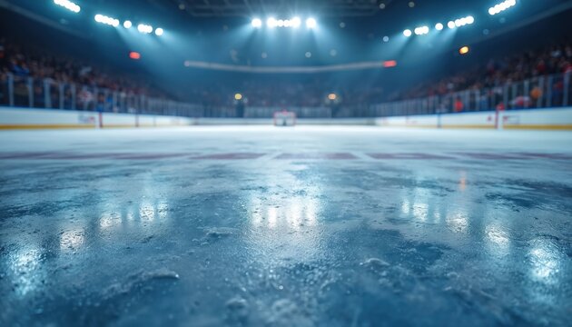 Low angle shot of empty ice hockey rink with dramatic spotlighting on glossy ice. Blurred stadium seating filled with spectators, bright overhead lights create exciting atmosphere for competitive