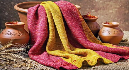 Rustic Terracotta Pottery with Tricolor Shawl Wheat Saffron
