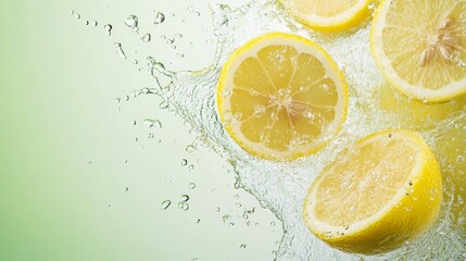 Fresh lemon slices with water splash suspended in mid-air on light green gradient background, refreshing citrus concept for beverages, summer drinks, and healthy lifestyle themes




