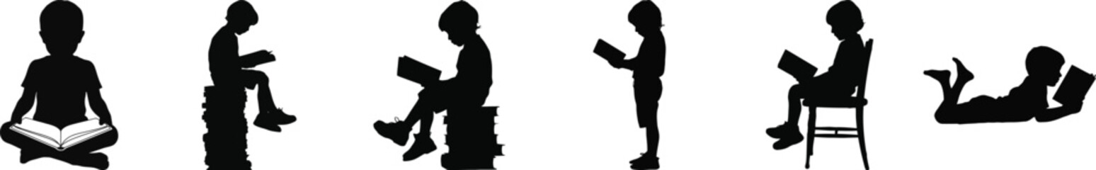 Vector art of silhouettes of children reading books in various poses isolated on white background