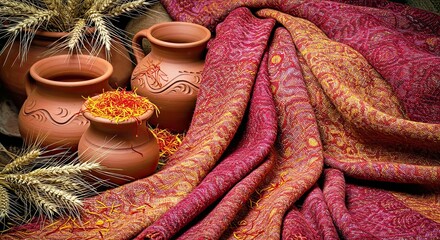 Tricolor Shawl Terracotta Pottery Wheat Saffron Threads Art