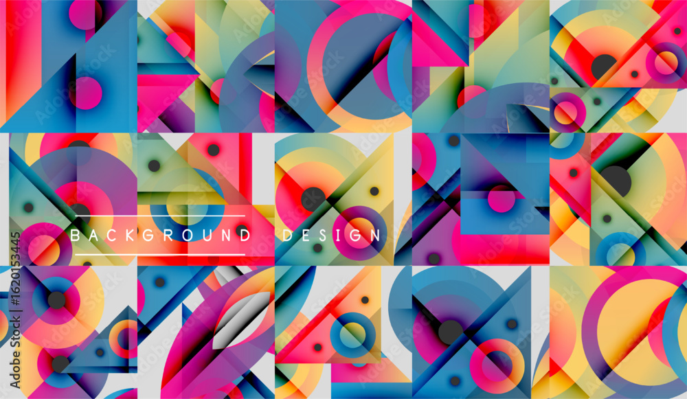 Poster abstract geometric pattern. vibrant colors, overlapping shapes create dynamic visual texture. modern