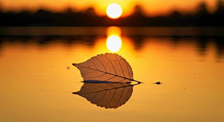 Peaceful White Leaf on Water Reflecting Sunset Hues