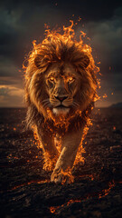 Majestic lion with fiery mane roaring through a darkened cityscape