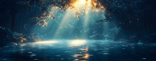 Mystical forest pond with golden sunbeams breaking through the trees. A cinematic and inspirational background for design.