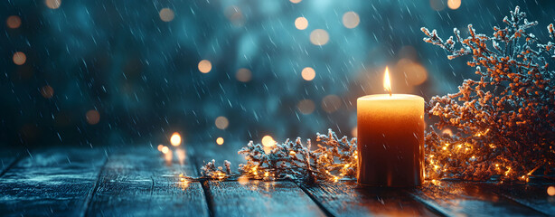 Atmospheric still life with a single burning candle on a wooden table. A serene and tranquil blue background with bokeh lights for hope and remembrance.