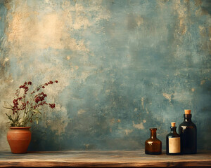 Vintage Apothecary Still Life with Dried Flowers and Amber Bottles on Textured Background