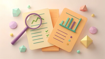 Magnifying glass examining financial report with colorful 3d bar chart and geometric shapes on pastel background