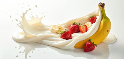 Strawberries and banana slices mixed with creamy white yogurt splash. Vibrant red fruit and yellow banana create a delicious healthy breakfast or dessert. Refreshing summer smoothie blend.