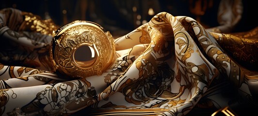 Luxurious scarf design with an ornate border made of ancient, generative AI