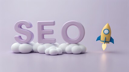 3d rendering of the letters seo on clouds with a rocket launching symbolizing search engine optimization success