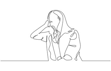 Continuous one line drawing of a young woman feeling sad, tired and worried about mental health depression. Editable outline