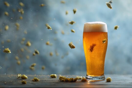 A glass of beer sits beside fallen hops while more float behind it in a cloudy haze