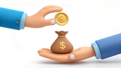 Cartoon hands exchanging a gold coin for a money bag with a dollar sign symbolizing financial transactions