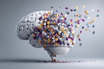 Disintegrating brain model covered in colorful puzzle pieces symbolizes memory loss, confusion, and cognitive decline in a stark conceptual display.