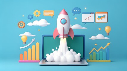3d cartoon rocket launching from a laptop screen symbolizing business growth and startup success