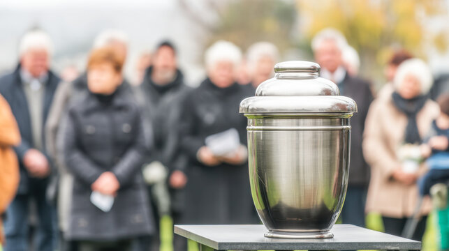 Metal urn with ashes at a solemn outdoor funeral gathering