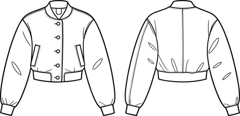 Cropped bomber jacket CAD drawing, flat vector illustration, front and back view, fashion technical sketch, casual outerwear design, garment CAD template, trendy jacket outline, clothing vector art