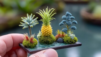 Miniature terrarium with three plants, including a pineapple, held in hand