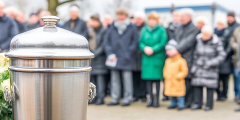 Mourning at a funeral service with a metal urn holding ashes of a loved one