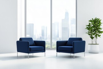 Modern blue armchairs overlooking a city skyline