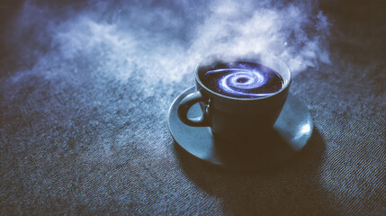 Surreal cup of coffee with swirling cosmic patterns inside, representing the hidden effects of daily ritual.