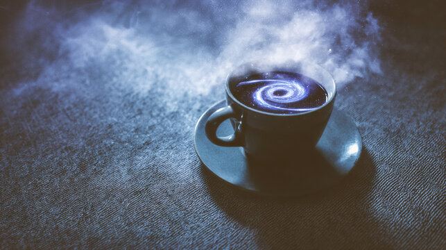 Surreal cup of coffee with swirling cosmic patterns inside, representing the hidden effects of daily ritual.