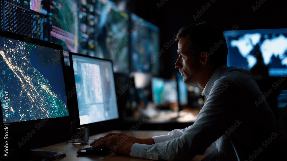 Poster professional working late at night in a control room monitoring digital displays and analyzing data 
