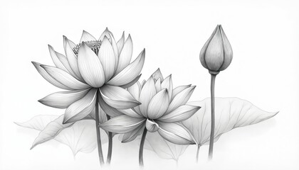 Detailed sketch of beautiful lotus flowers, bud in black, white. Delicate petals, fine linework, soft shading create serene, natural aesthetic. Botanical illustration highlights purity, balance,
