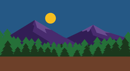 Minimalist Night Landscape with Mountains Forest and Moon in Flat Design