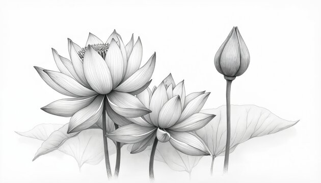 Detailed sketch of beautiful lotus flowers, bud in black, white. Delicate petals, fine linework, soft shading create serene, natural aesthetic. Botanical illustration highlights purity, balance, - Powered by Adobe