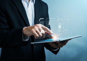 A Businessman Guide to KYC and Digital Approval. A businessman using smart technology to verify digital identity, KYC documents, and approve online profiles, representing secure authentication.