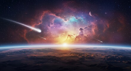 Naklejka premium Cosmic sunrise over planet