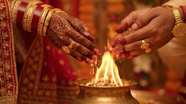 Dulhan radiant in her finery offers sacred rice with her groom in a hindu wedding fire ceremony. Ideal for wedding, cultural, and festive concepts. culture concept.

