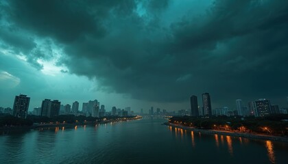 Fototapeta premium Mumbai cityscape at dusk under heavy monsoon clouds. Buildings line river, reflecting city lights. Turbulent sky creates dramatic atmosphere over urban waterfront, suggesting powerful weather.