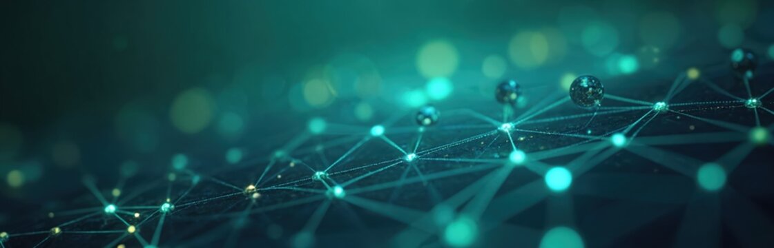 Interconnected blue, green circles form geometric digital network. Abstract illustration with bokeh lights represents online connections, data flow, cyber relationships, ideal for tech backgrounds.