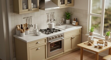 Fototapeta premium Cozy beige kitchen interior design