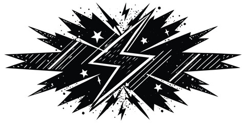 Monochrome burst of energy with lightning and stars graphic vector illustration