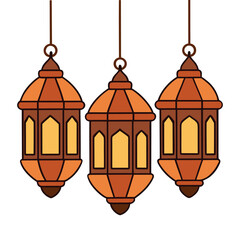 Three Moroccan lanterns hanging on white background