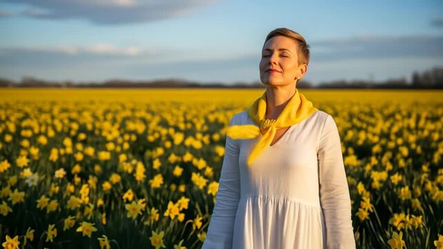 World Daffodil Day – Cancer Survivor Among Yellow Daffodils in Meadow | Hope, gratitude, survivor, high detail. - Powered by Adobe