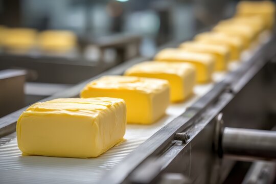 Fresh butter cubes on a conveyor belt at the food processing factory. Shows mass production, food industry, or quality control process.