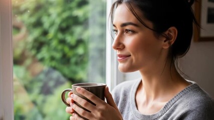 Beautiful serene woman enjoying her morning coffee savoring the warm aroma by a sunlit window.