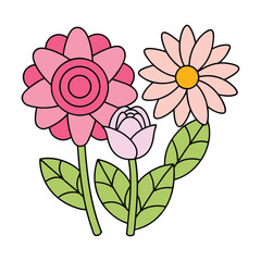 Pink and peach flowers with green leaves line art floral